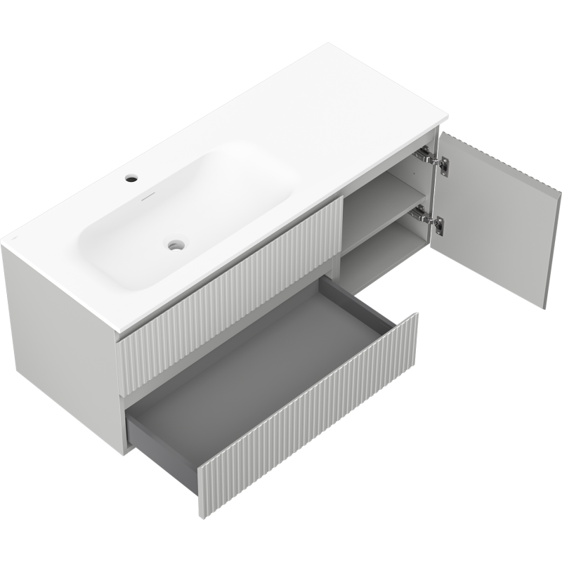 Mexen Rivel szafka łazienkowa 120 cm z umywalką Vela lewą, 2S, 1D, ryflowana, szara mat/biała mat - 91A23-12047-3-BBFFF62-W23L01