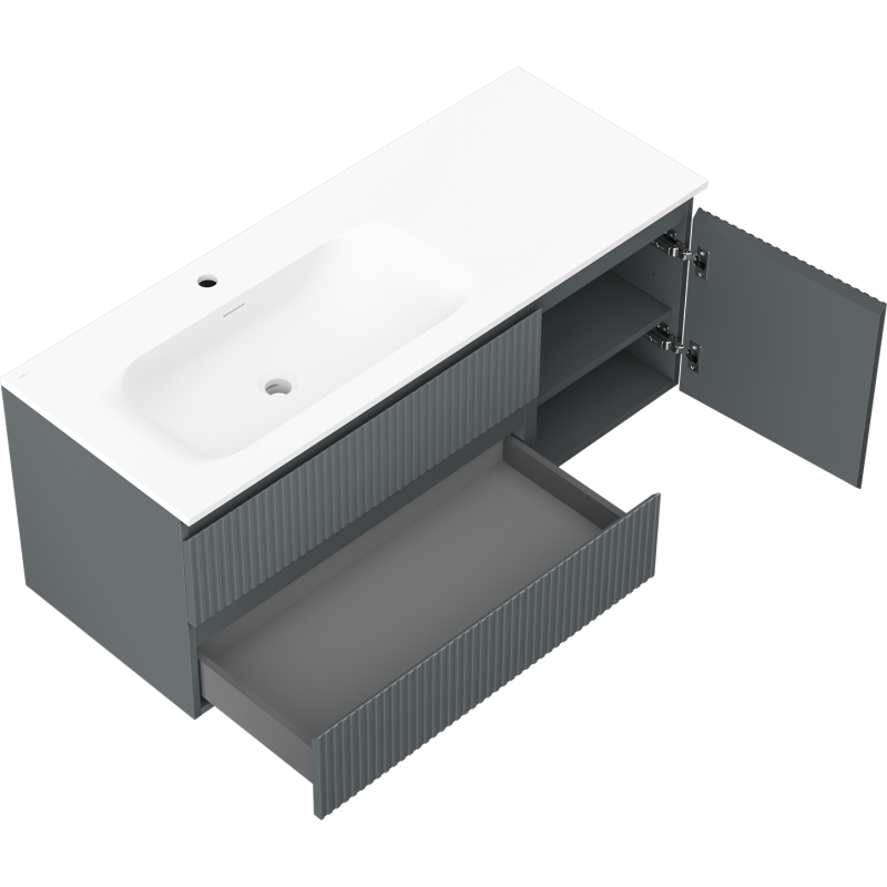 Mexen Rivel szafka łazienkowa 120 cm z umywalką Vela lewą, 2S, 1D, ryflowana, grafit/biała mat - 91A23-12047-3-BBFFF66-W23L01