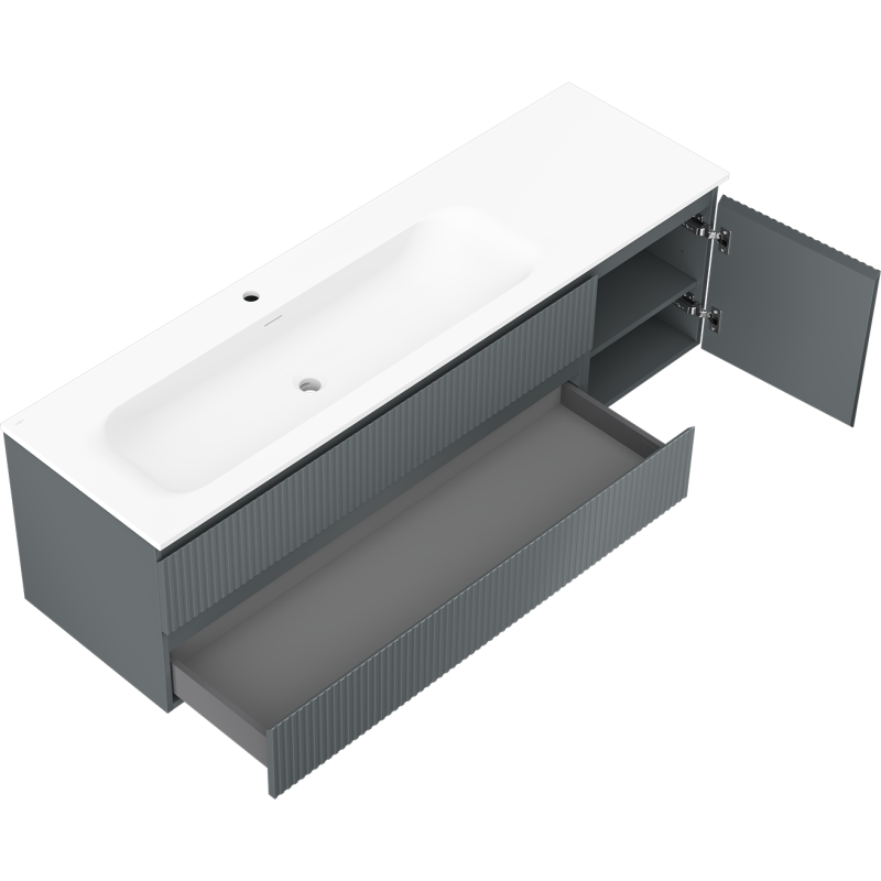 Mexen Rivel szafka łazienkowa 160 cm z umywalką Vela lewą, 2S, 1D, ryflowana, grafit/biała mat - 91A23-16047-3-BBFFF66-W23L01