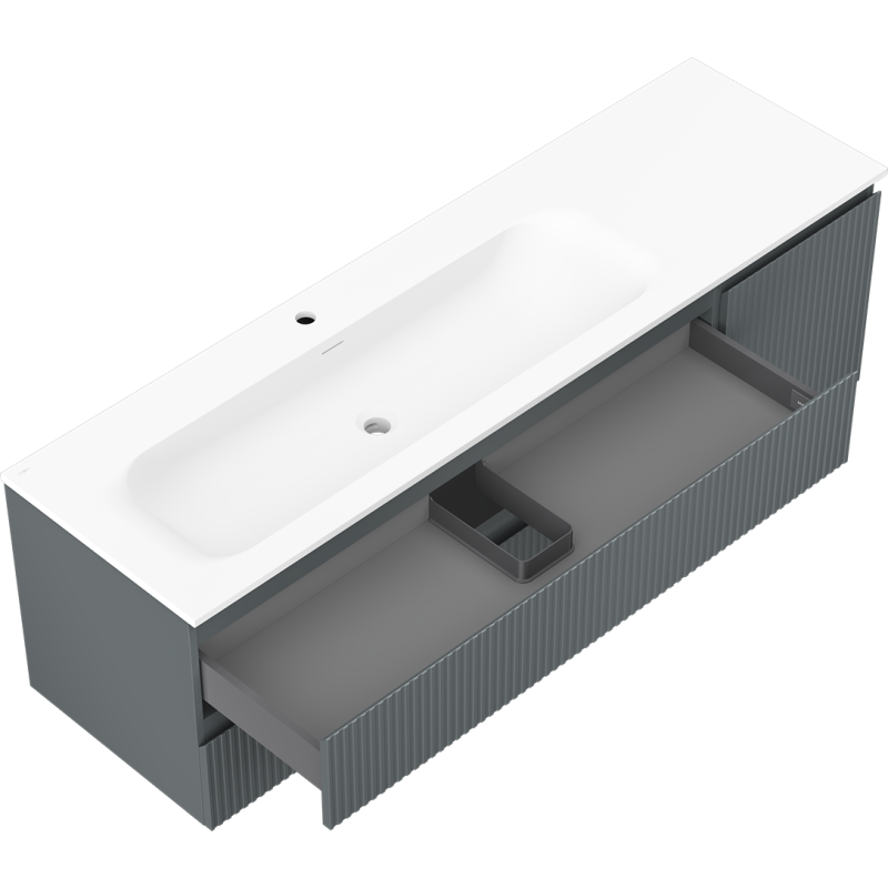 Mexen Rivel szafka łazienkowa 160 cm z umywalką Vela lewą, 2S, 1D, ryflowana, grafit/biała mat - 91A23-16047-3-BBFFF66-W23L01