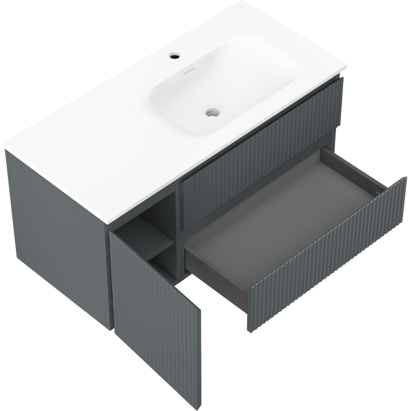 Mexen Rivel szafka łazienkowa 100 cm z umywalką Vela prawą, 2S, 1D, ryflowana, grafit/biała mat - 91A23-10047-3-BBFFF66-W23P01