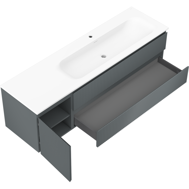 Mexen Rivel szafka łazienkowa 160 cm z umywalką Vela prawą, 2S, 1D, ryflowana, grafit/biała mat - 91A23-16047-3-BBFFF66-W23P01
