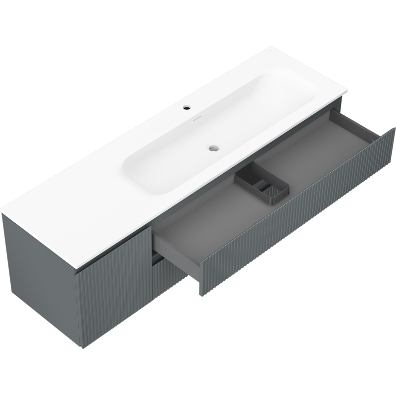 Mexen Rivel szafka łazienkowa 160 cm z umywalką Vela prawą, 2S, 1D, ryflowana, grafit/biała mat - 91A23-16047-3-BBFFF66-W23P01