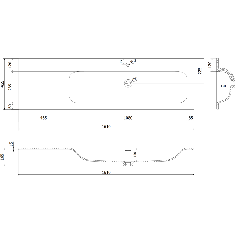Mexen Rivel szafka łazienkowa 160 cm z umywalką Vela prawą, 2S, 1D, ryflowana, czarna mat - 91A23-16047-3-BBFFF71-W23P71