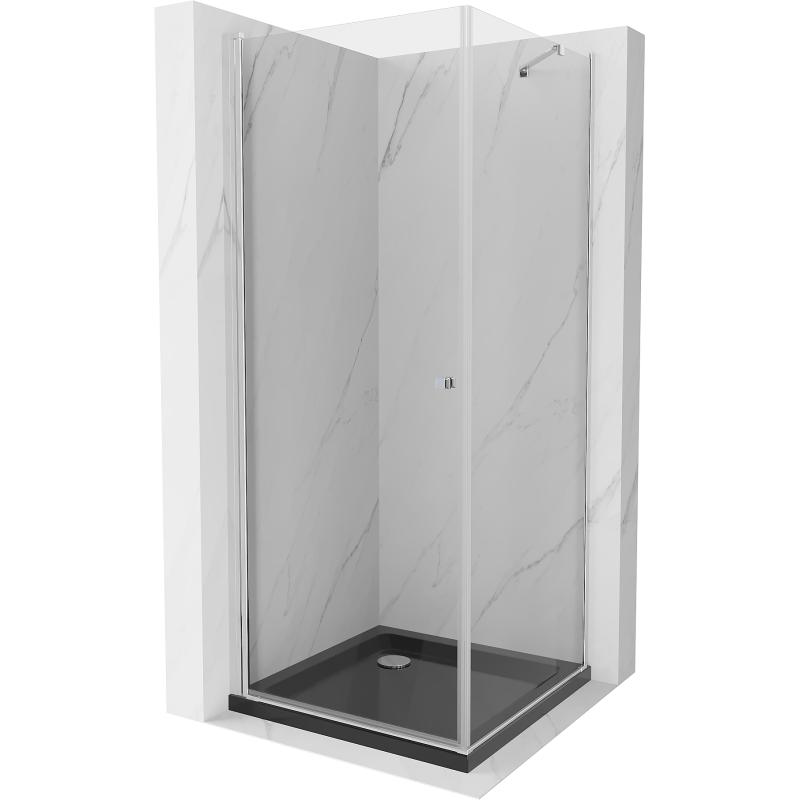 Mexen Pretoria kabina prysznicowa uchylna 90 x 90 cm, transparent, chrom + brodzik Flat, czarny - 852-090-090-01-00-4070