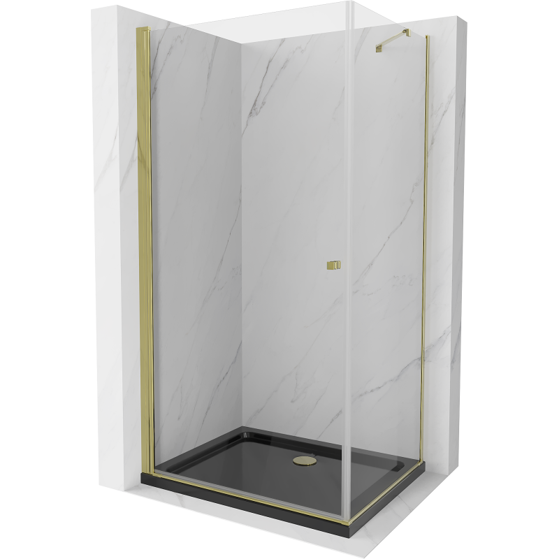 Mexen Pretoria kabina prysznicowa uchylna 80 x 90 cm, transparent, złota + brodzik Flat, czarny - 852-080-090-50-00-4070G