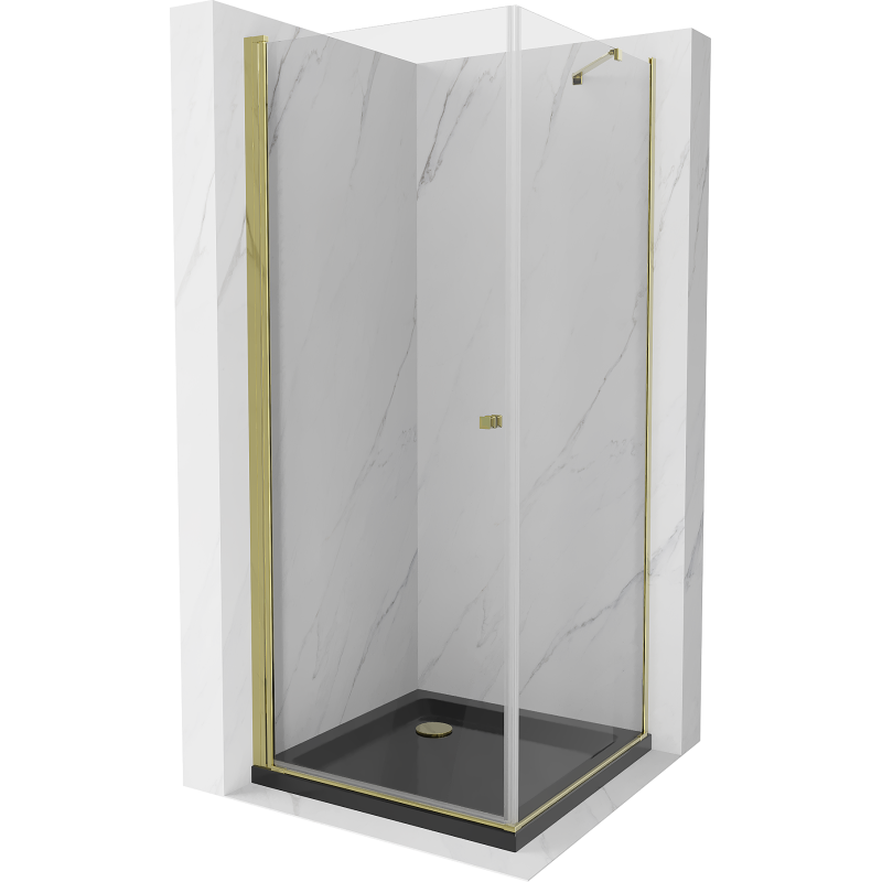 Mexen Pretoria kabina prysznicowa uchylna 90 x 90 cm, transparent, złota + brodzik Flat, czarny - 852-090-090-50-00-4070G