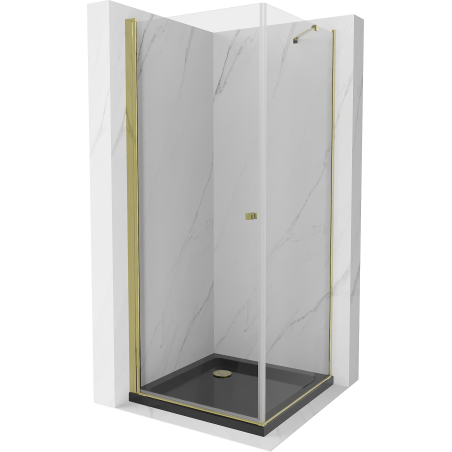 Mexen Pretoria kabina prysznicowa uchylna 90 x 90 cm, transparent, złota + brodzik Flat, czarny - 852-090-090-50-00-4070G