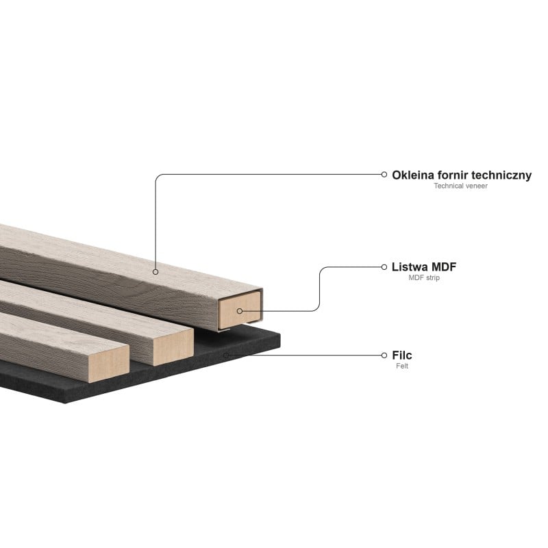 Mexen Lam-F lamele ścienne akustyczne 275 x 30 cm, filc 8 mm, fornir techniczny, Dąb Stalowy - S105-275307-3015-006