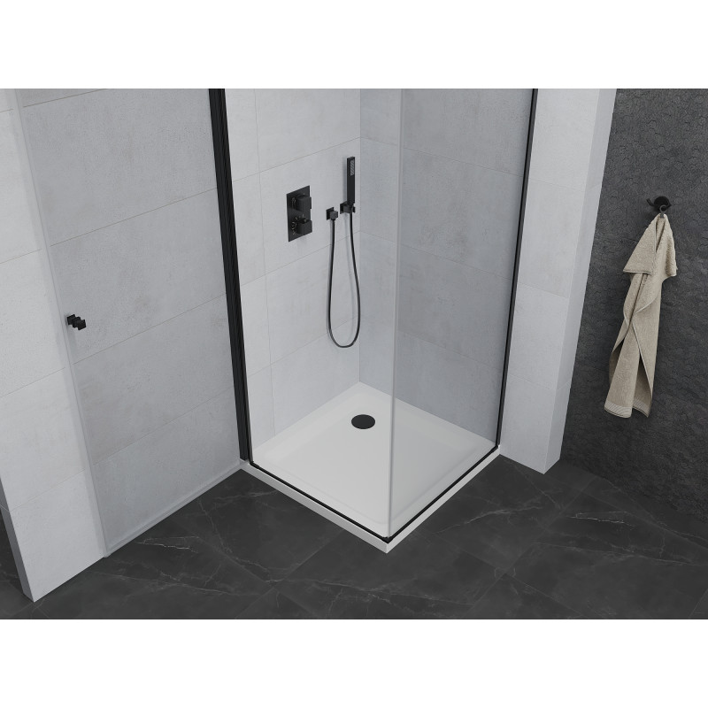 Mexen Pretoria kabina prysznicowa uchylna 70 x 70 cm, transparent, czarna + brodzik Flat - 852-070-070-70-00-4010B