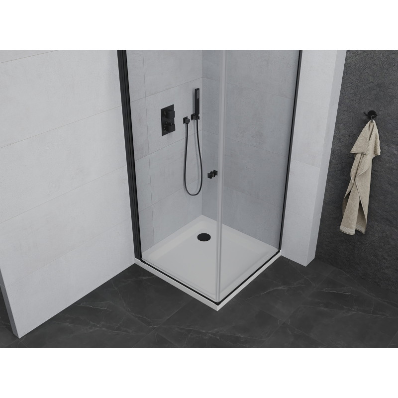 Mexen Pretoria kabina prysznicowa uchylna 90 x 90 cm, transparent, czarna + brodzik Flat - 852-090-090-70-00-4010B