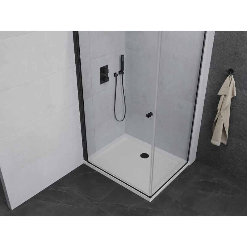 Mexen Pretoria kabina prysznicowa uchylna 100 x110 cm, transparent, czarna + brodzik Flat - 852-100-110-70-00-4010B