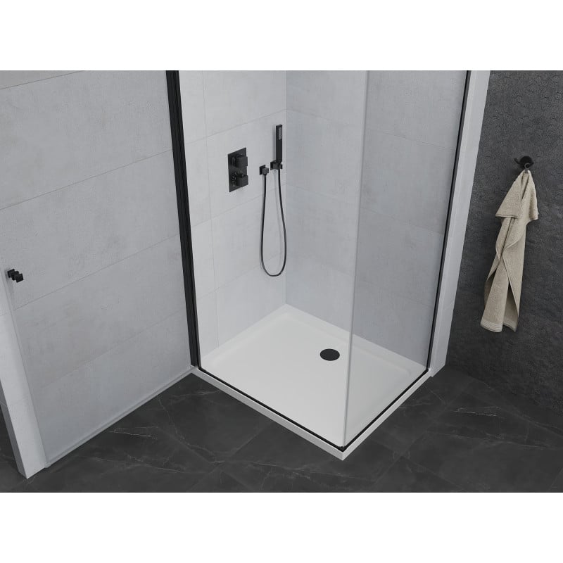 Mexen Pretoria kabina prysznicowa uchylna 100 x110 cm, transparent, czarna + brodzik Flat - 852-100-110-70-00-4010B