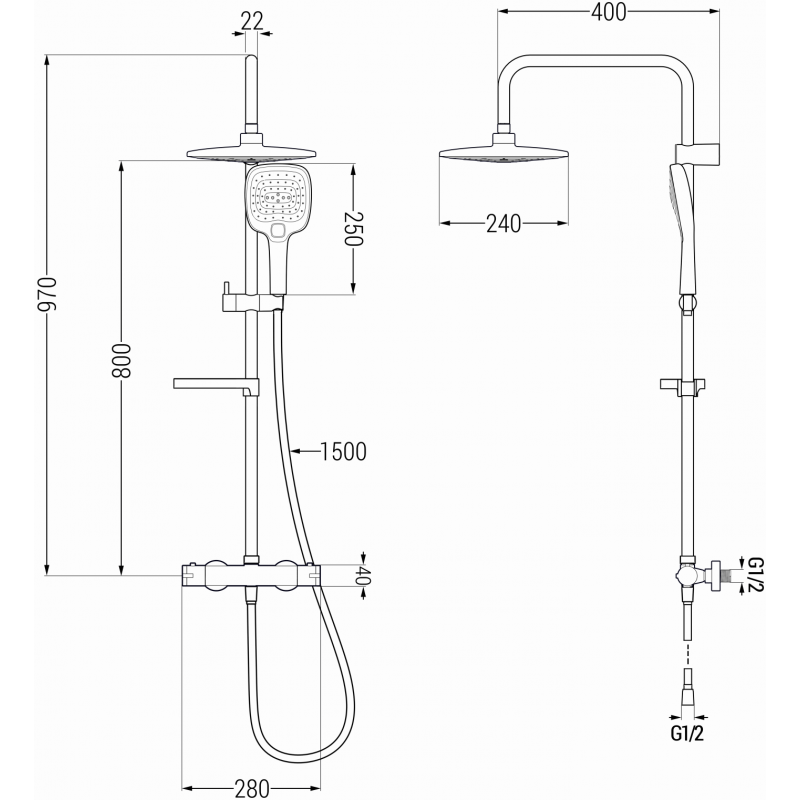 Mexen KX17 zestaw prysznicowy natynkowy z deszczownicą i baterią termostatyczną, chrom - 771501791-00