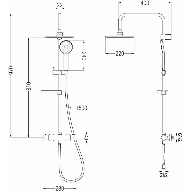 Mexen KX40 zestaw prysznicowy natynkowy z deszczownicą i baterią termostatyczną, gun gray szczotkowany - 771504091-66
