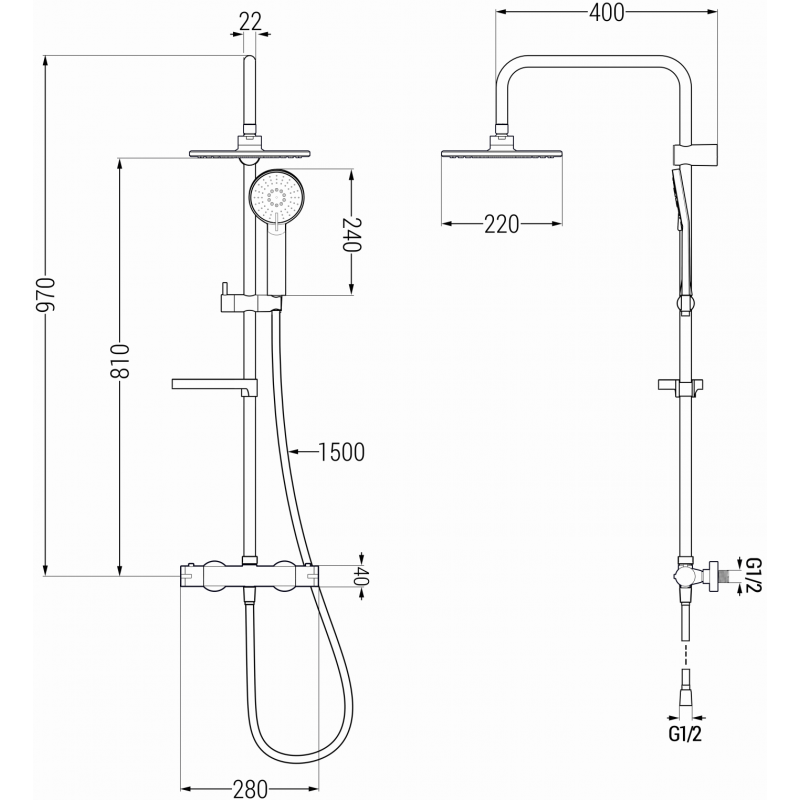 Mexen KX40 zestaw prysznicowy natynkowy z deszczownicą i baterią termostatyczną, czarny - 771504091-70
