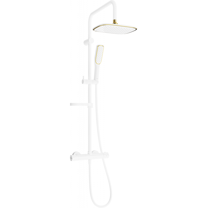 Mexen KX49 zestaw prysznicowy natynkowy z deszczownicą i baterią termostatyczną, biały/złoty - 771504091-25