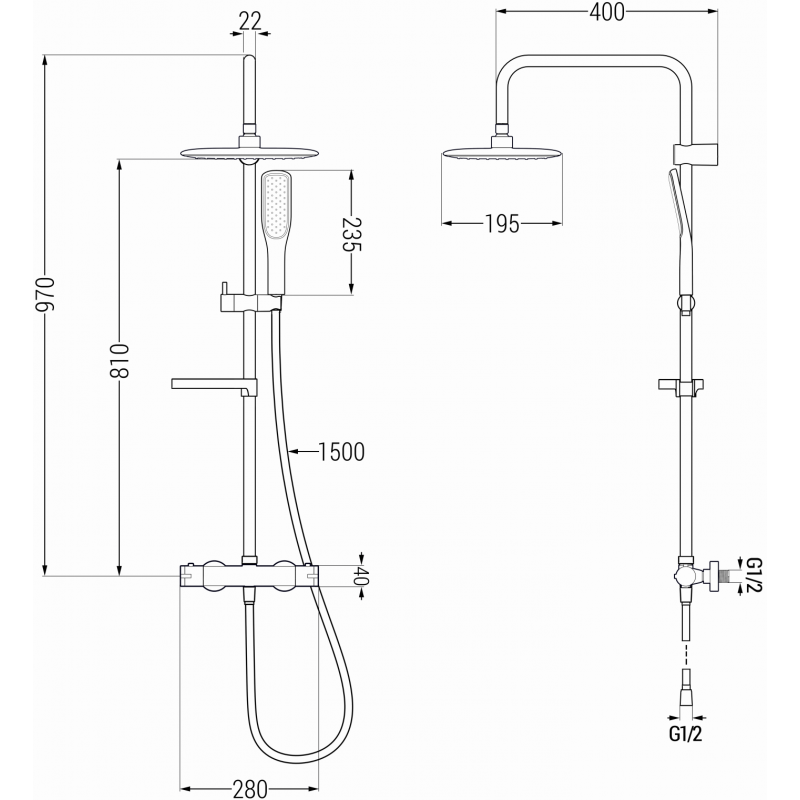 Mexen KX49 zestaw prysznicowy natynkowy z deszczownicą i baterią termostatyczną, czarny/złoty - 771504991-75