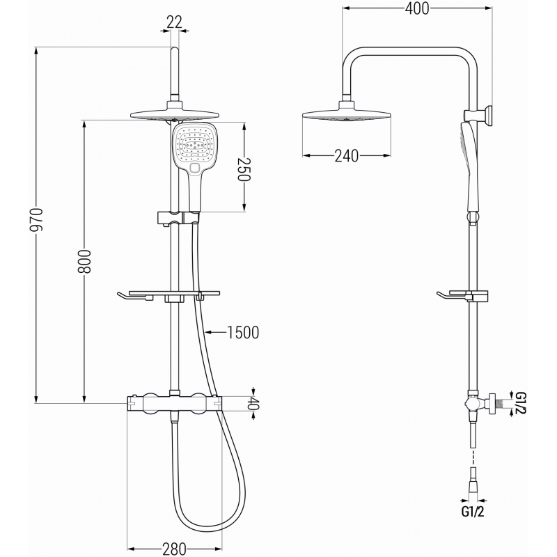Mexen KT17 zestaw prysznicowy natynkowy z deszczownicą i baterią termostatyczną, chrom/biały - 771501793-02
