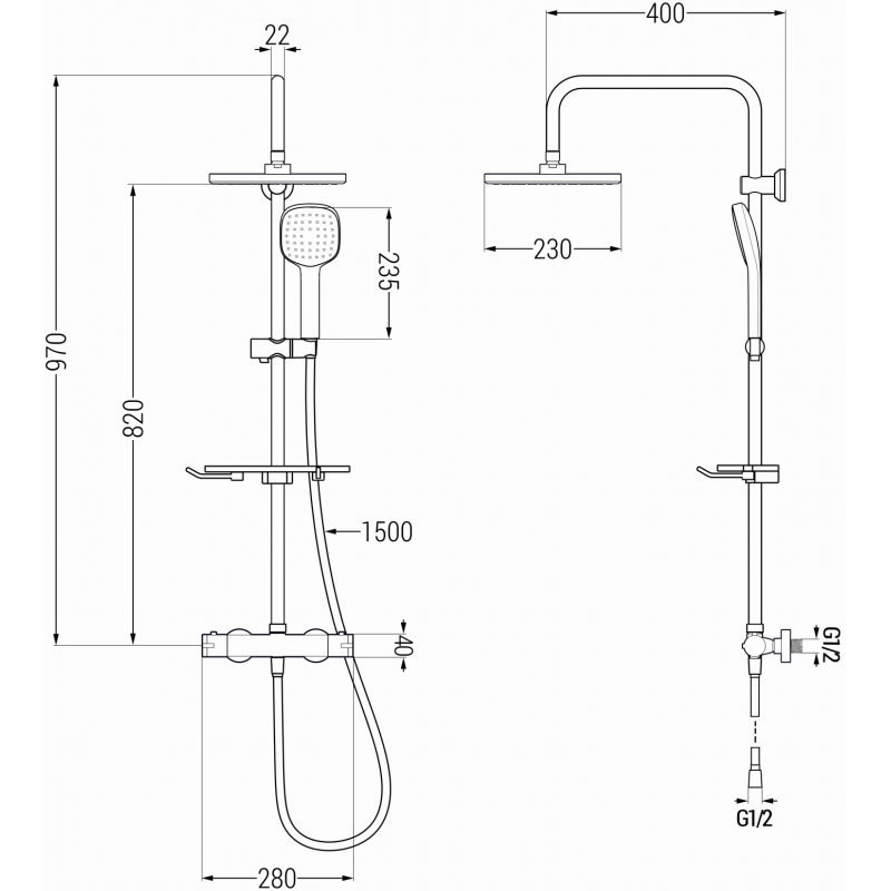 Mexen KT33 zestaw prysznicowy natynkowy z deszczownicą i baterią termostatyczną, czarny - 771503393-70