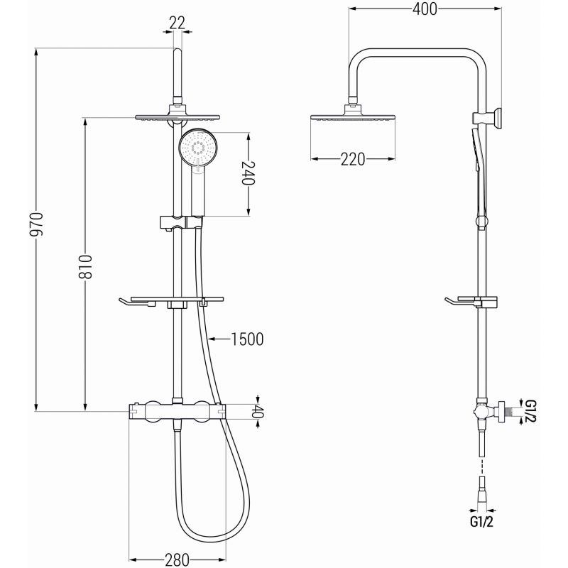 Mexen KT40 zestaw prysznicowy natynkowy z deszczownicą i baterią termostatyczną, grafit - 771504093-66