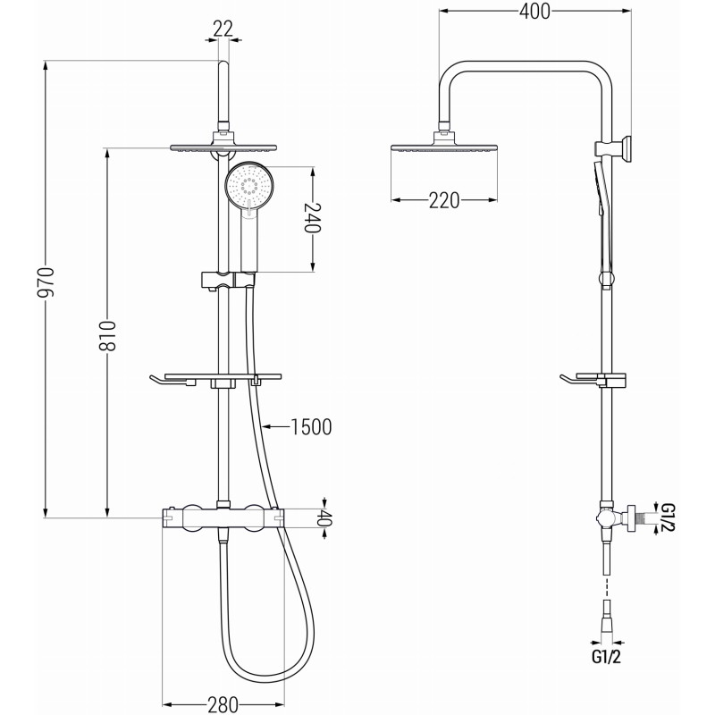 Mexen KT40 zestaw prysznicowy natynkowy z deszczownicą i baterią termostatyczną, gun gray szczotkowany - 771504093-66