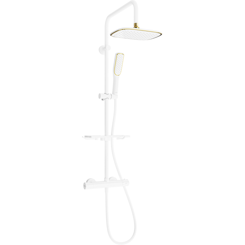 Mexen KT49 zestaw prysznicowy natynkowy z deszczownicą i baterią termostatyczną, biały/złoty - 771504993-25