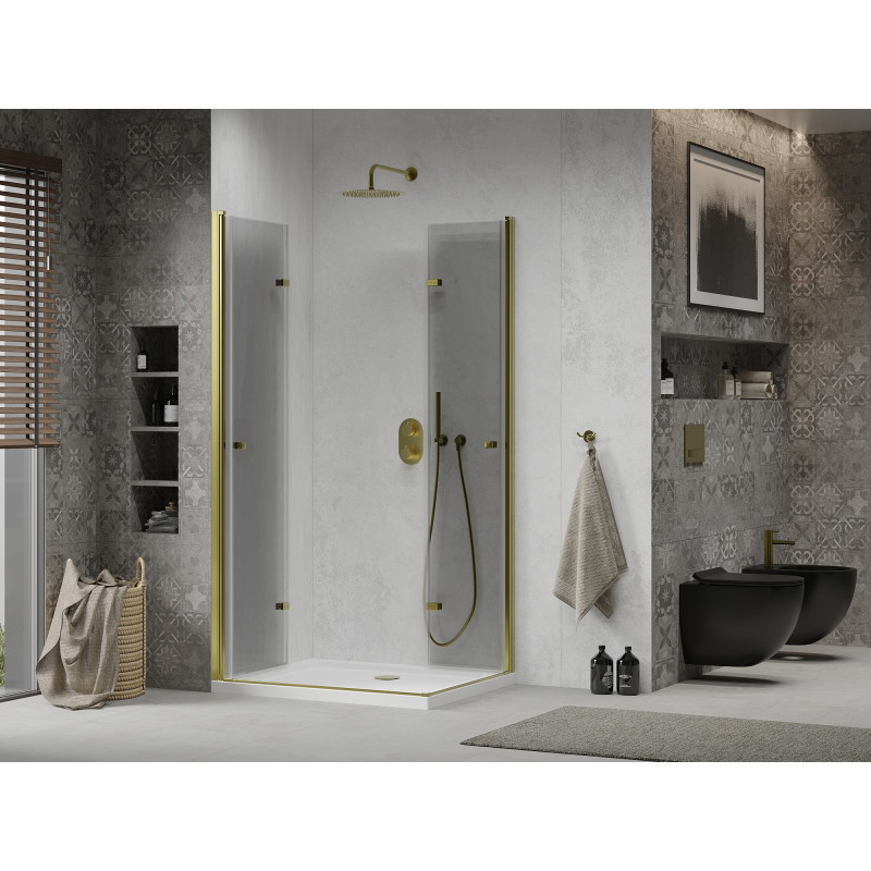 Mexen Lima Duo kabina prysznicowa składana 80 x 70 cm, transparent, złota + brodzik Flat - 856-080-070-50-02-4010G