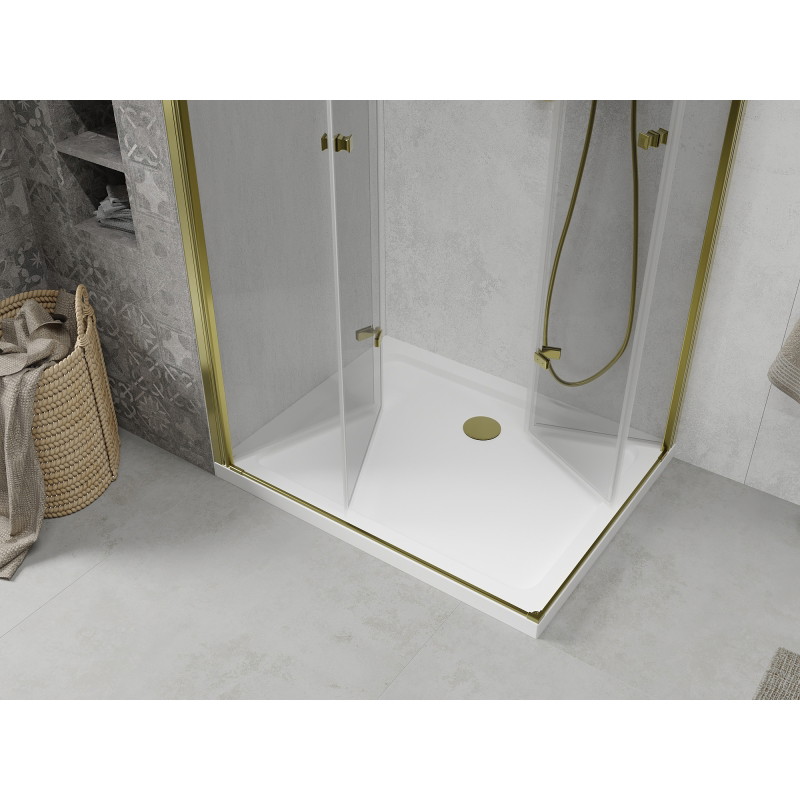 Mexen Lima Duo kabina prysznicowa składana 90 x 80 cm, transparent, złota + brodzik Flat - 856-090-080-50-02-4010G