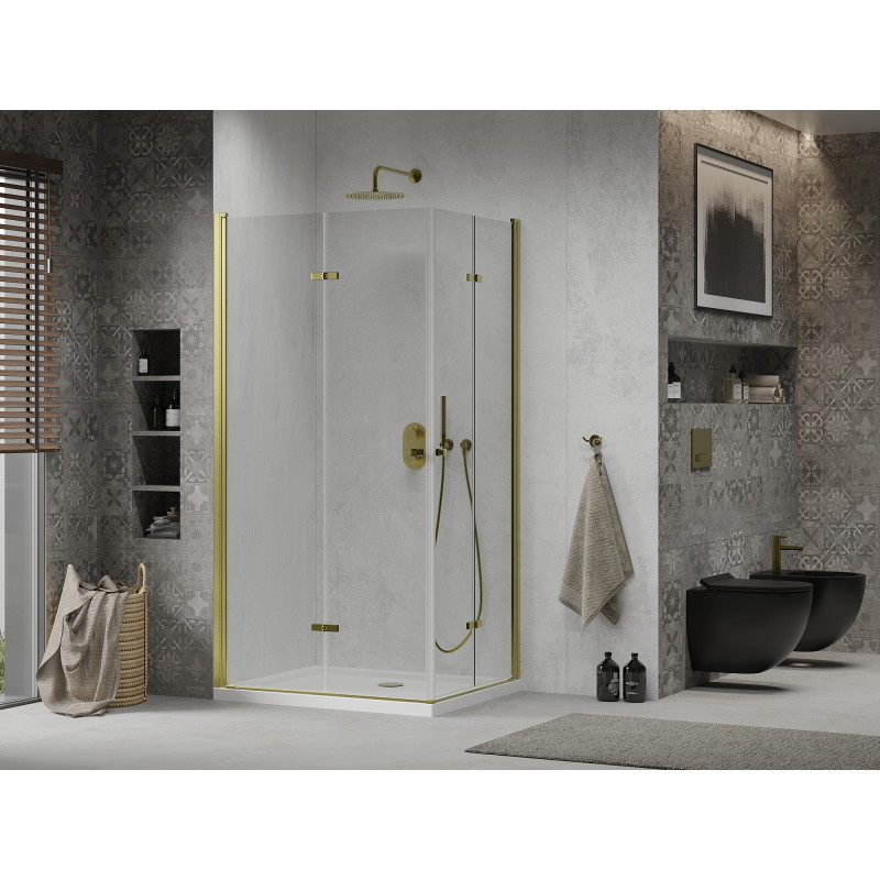 Mexen Lima Duo kabina prysznicowa składana 90 x 80 cm, transparent, złota + brodzik Flat - 856-090-080-50-02-4010G