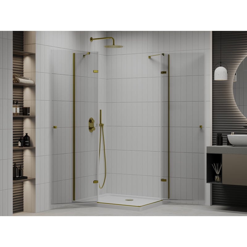 Mexen Roma Duo kabina prysznicowa uchylna 80 x 70 cm, transparent, złota + brodzik Flat - 854-080-070-50-02-4010G