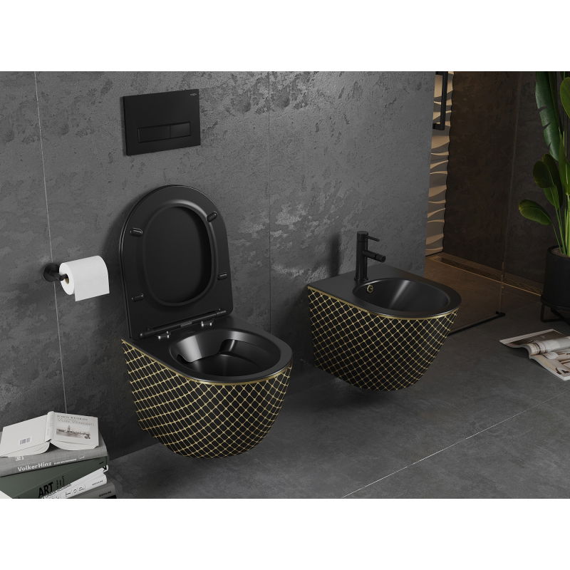 Mexen Lena miska wc Rimless z deską wolnoopadającą slim, duroplast, czarna mat/złota wzór kratka - 30224079