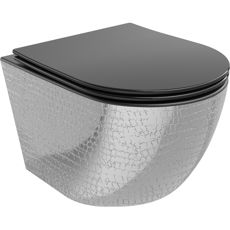 Mexen Lena miska wc Rimless z deską wolnoopadającą slim, duroplast, czarna mat/srebrna wzór łuski - 30224072