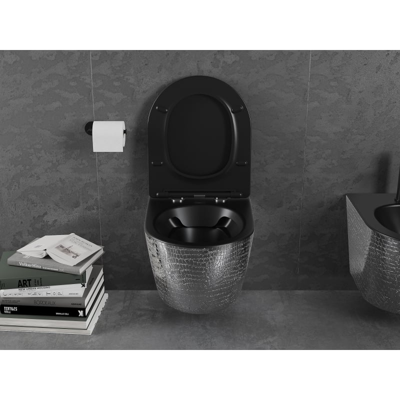 Mexen Lena miska wc Rimless z deską wolnoopadającą slim, duroplast, czarna mat/srebrna wzór łuski - 30224072