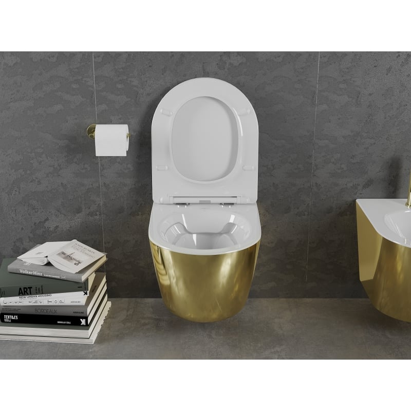 Mexen Lena miska wc Rimless z deską wolnoopadającą slim, duroplast, biała/złota - 30224006