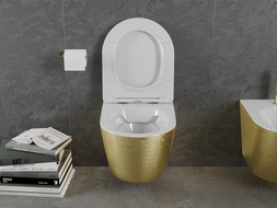 Mexen Lena miska wc Rimless z deską wolnoopadającą slim, duroplast, biała/złota wzór linie - 30224007