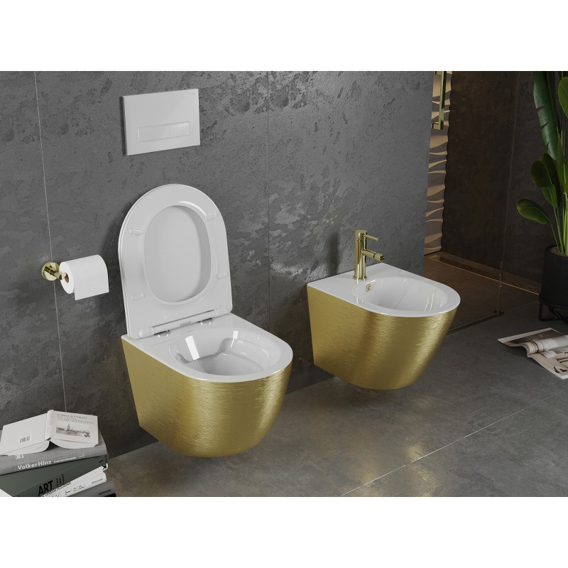 Mexen Lena miska wc Rimless z deską wolnoopadającą slim, duroplast, biała/złota wzór linie - 30224007