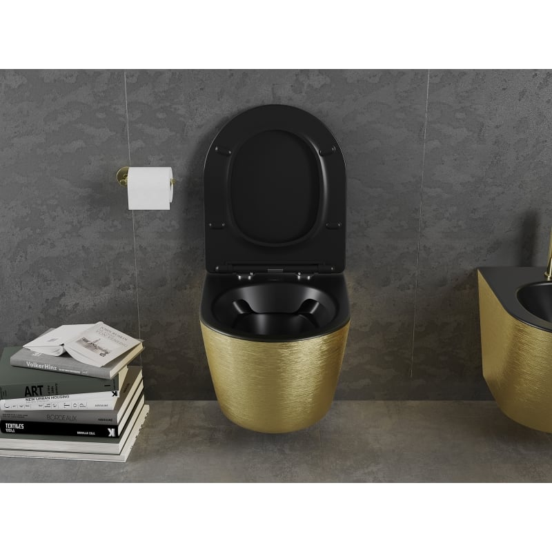 Mexen Lena miska wc Rimless z deską wolnoopadającą slim, duroplast, czarna mat/złota wzór linie - 30224077
