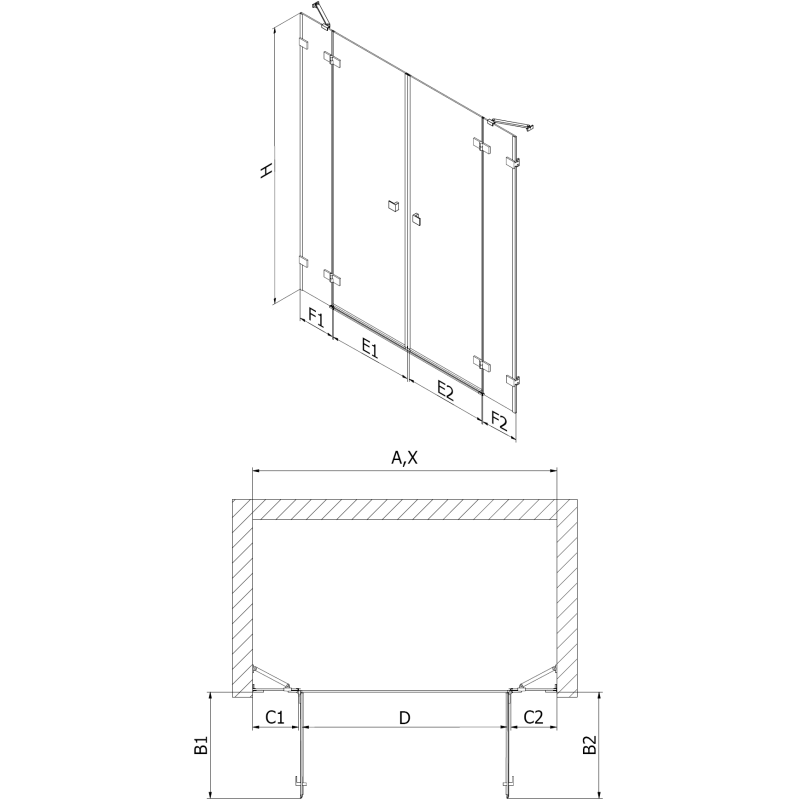 Mexen Lunar Duo drzwi prysznicowe uchylne 190 cm, transparent, czarne - 834D-190-000-70-00