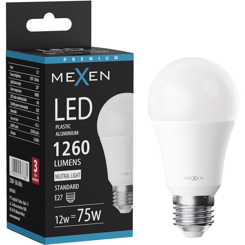 Mexen Nova żarówka LED E27, A60, 12W, Neutralna - 4000K, 1260 lm - L100-E27-1240-01