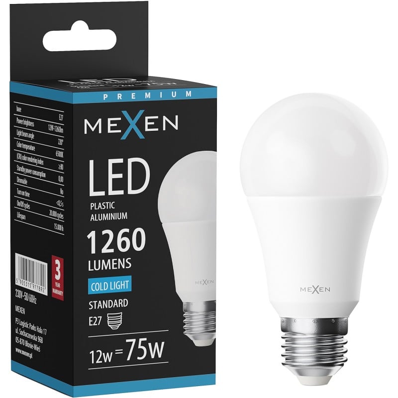 Mexen Nova żarówka LED E27, A60, 12W, Zimna - 6500K, 1260 lm - L100-E27-1265-01