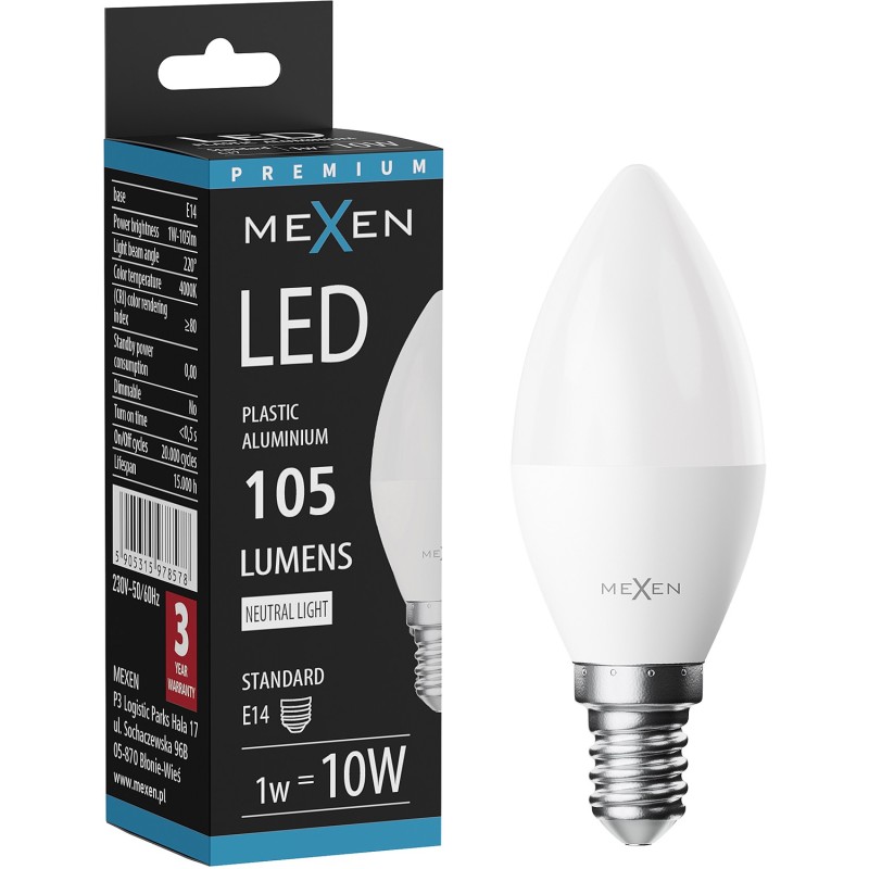 Mexen Nova żarówka LED E14, C37, 1W, Ciepła - 3000K, 105 lm - L102-E14-0130-01