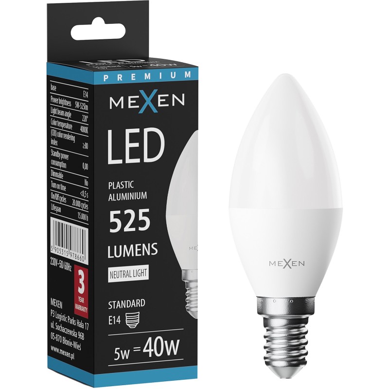 Mexen Nova żarówka LED E14, C37, 5W, Ciepła - 3000K, 525 lm - L102-E14-0530-01