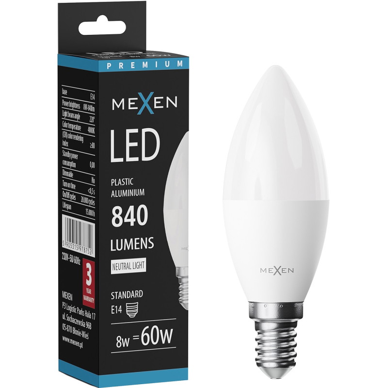 Mexen Nova żarówka LED E14, C37, 8W, Ciepła - 3000K, 840 lm - L102-E14-0830-01