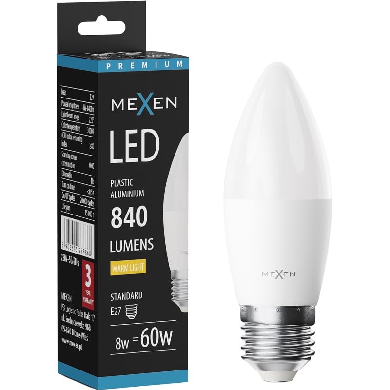 Mexen Nova żarówka LED E27, C37, 5W, Ciepła - 3000K, 525 lm - L102-E27-0530-01