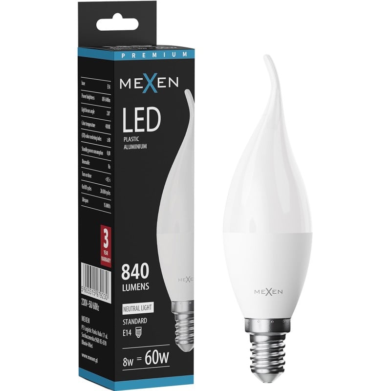 Mexen Nova żarówka LED płomyk E14, C37, 8W, Ciepła - 3000K, 840 lm - L106-E14-0830-01