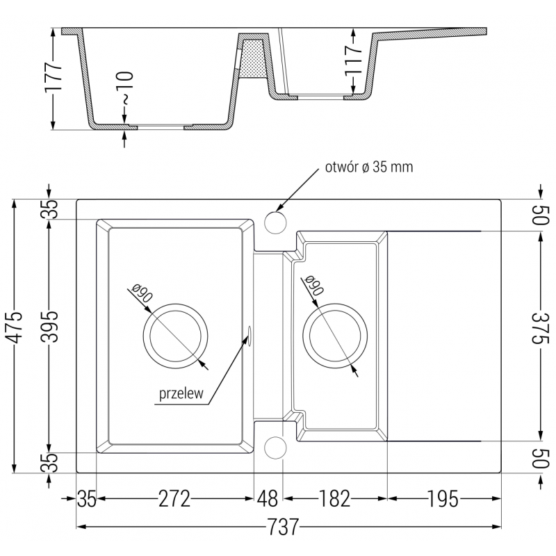 Mexen Gaspar zlewozmywak granitowy 1,5-komorowy z ociekaczem 737 x 475 mm, czarny/srebrny metalik, syfon złoty - 6507731505-73-G
