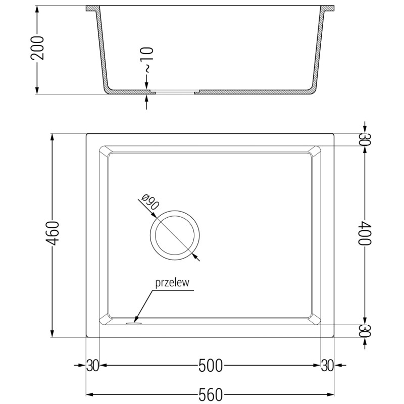 Mexen Pedro zlewozmywak granitowy 1-komorowy 560 x 460 mm, czarny nakrapiany, syfon złoty - 6508561000-76-G