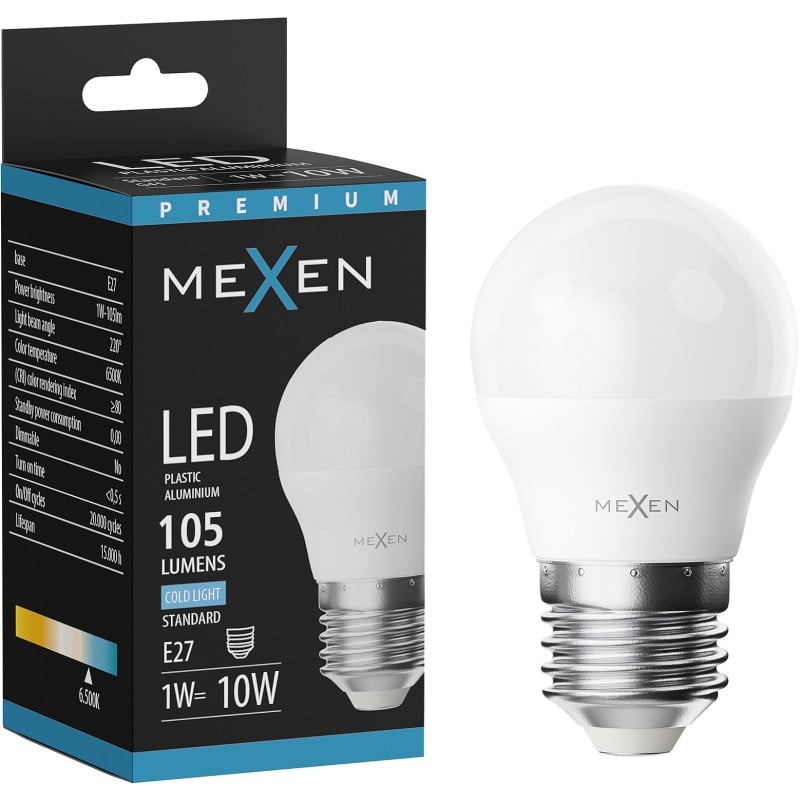Mexen Nova żarówka LED E27, G45, 1W, Zimna - 6500K, 105 lm - L101-E27-0165-01