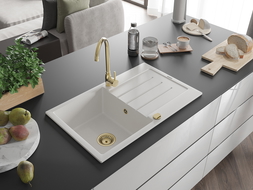 Mexen Bruno zlewozmywak granitowy 1-komorowy z ociekaczem 795 x 495 mm, biały, syfon złoty - 6513791010-20-G